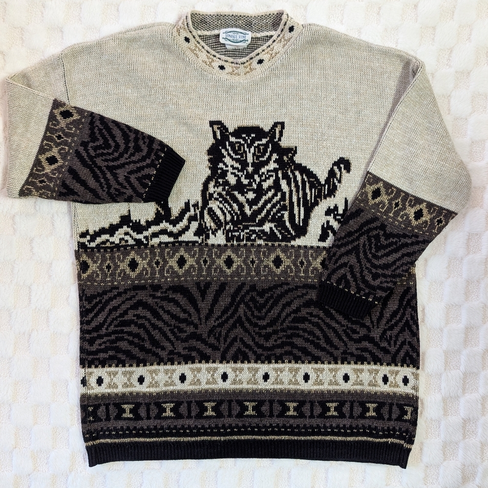 Vintage Gold,Beige and Black Animal Print Crewneck Sweater